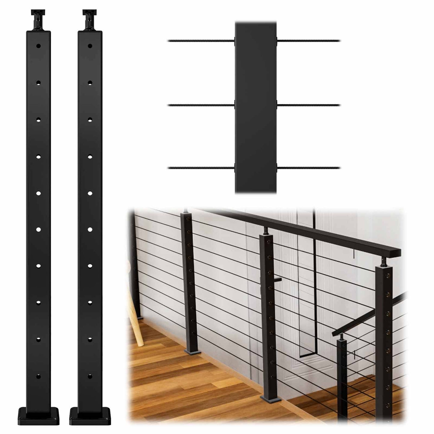 Level Drilled Cable Railing Post 36"X2"X2"Adjustable Top Stainless Steel Black Finish Wood Concrete Level Deck, Ps01 Bh4s