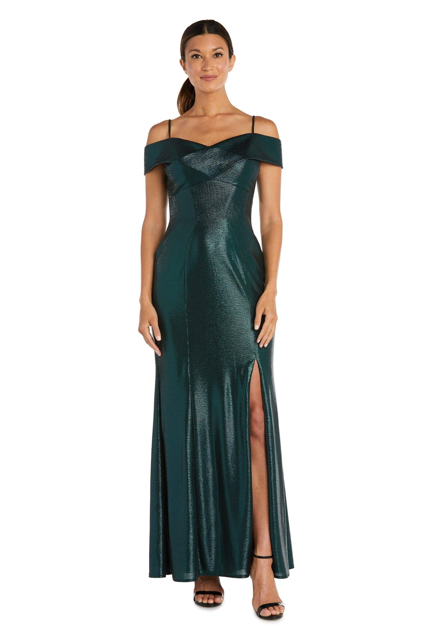 Long Shimmer Off The Shoulder Gown - Petite Black/Emerald / 8p