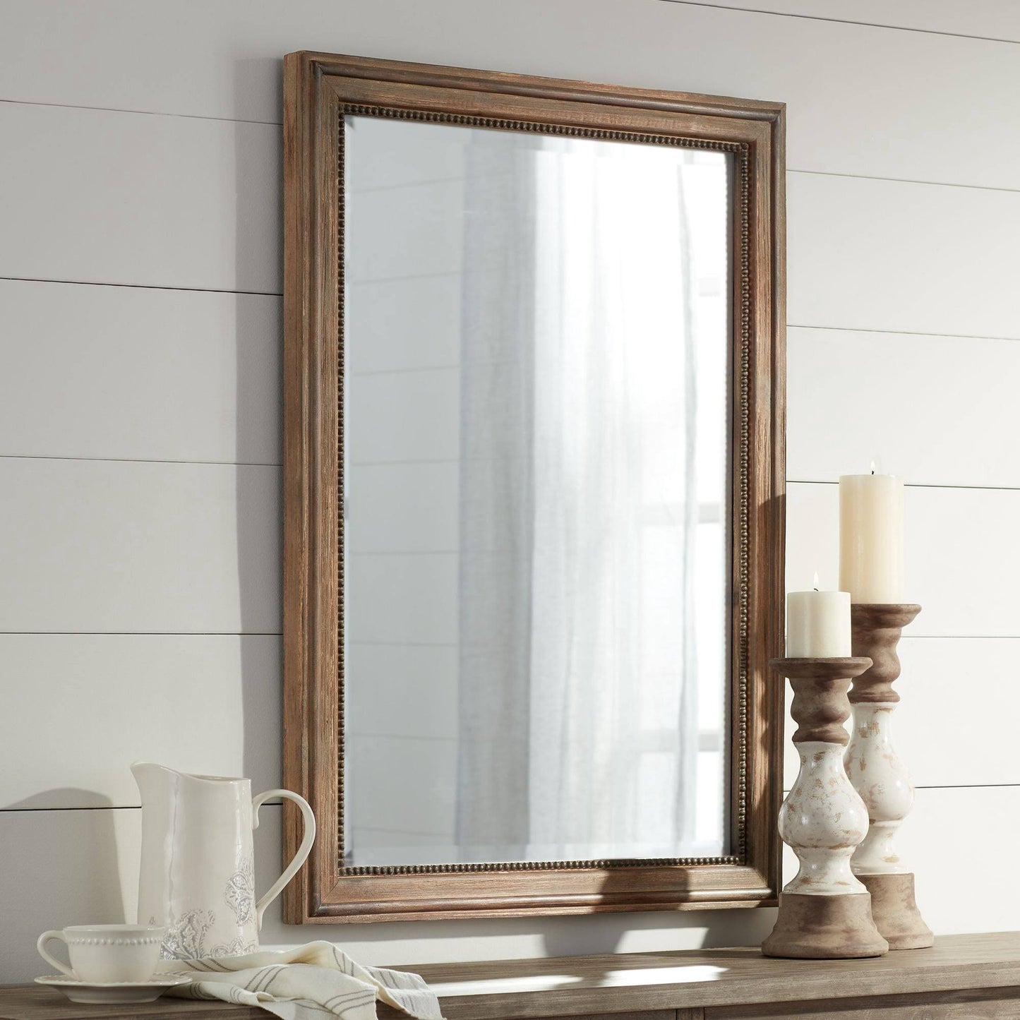 Lesley Rectangular Vanity Wall Mirror Rustic Farmhouse Beveled Beaded Edge Wood Frame 26 3/4 Inch Wide For Bathroom Bedroom Living Room