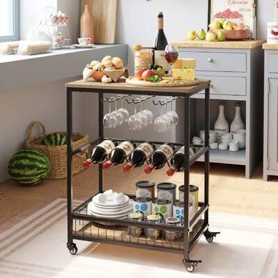 Lex Industrial Rectangular Wine Rack Bar Cart, Rustic Brown