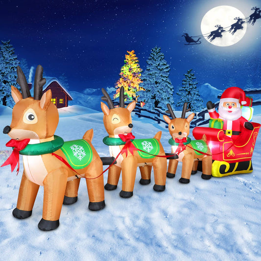 Lighted Christmas Inflatables Outdoor Decorations, Santa Claus On Sleigh With 3 Reindeers, Santa Riding Sled, Reindeers Pulling Santa's Sleigh